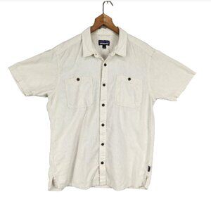 Patagonia Button Up Mens Shirt L Beige Hemp Blend Short Sleeve Organic Cotton